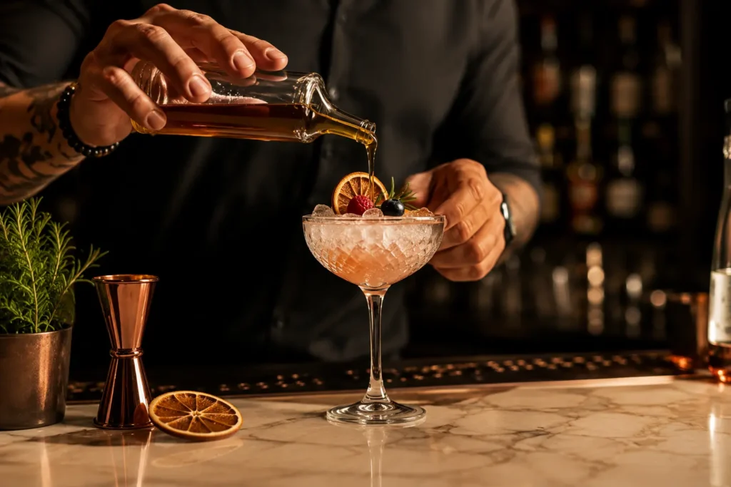Image lifestyle d'un barman finissant un cocktail