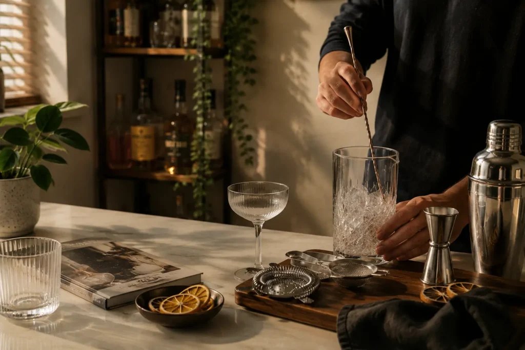Barman préparant un cocktail pour illustrer le matériel de bar