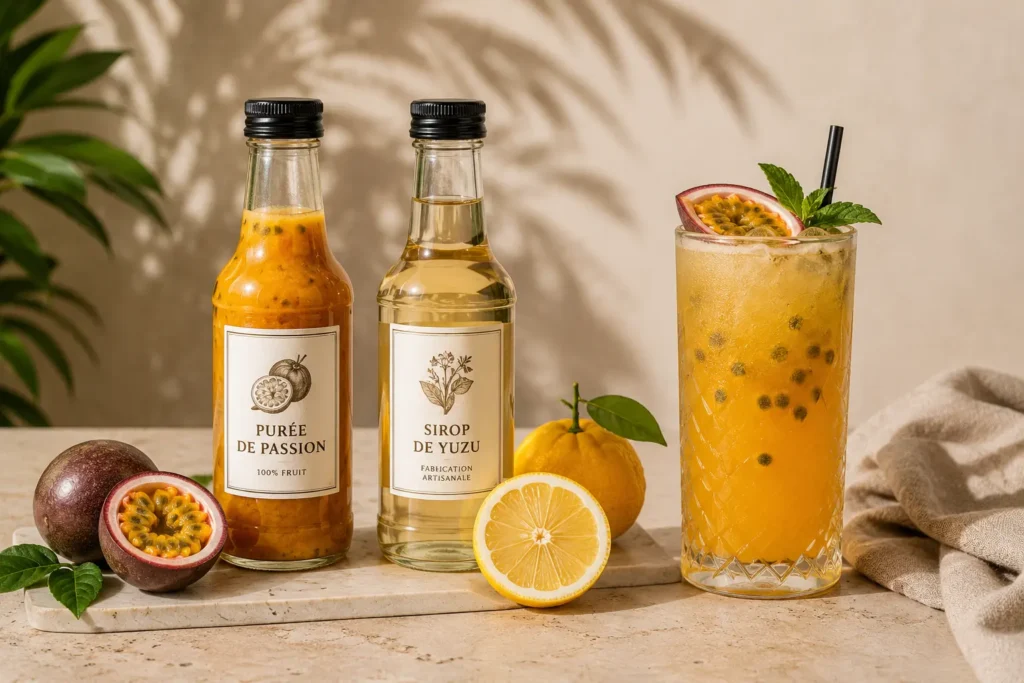 Purée de passion vs sirop de yuzu pour illustrer l'article 'purée de fruits ou sirop'