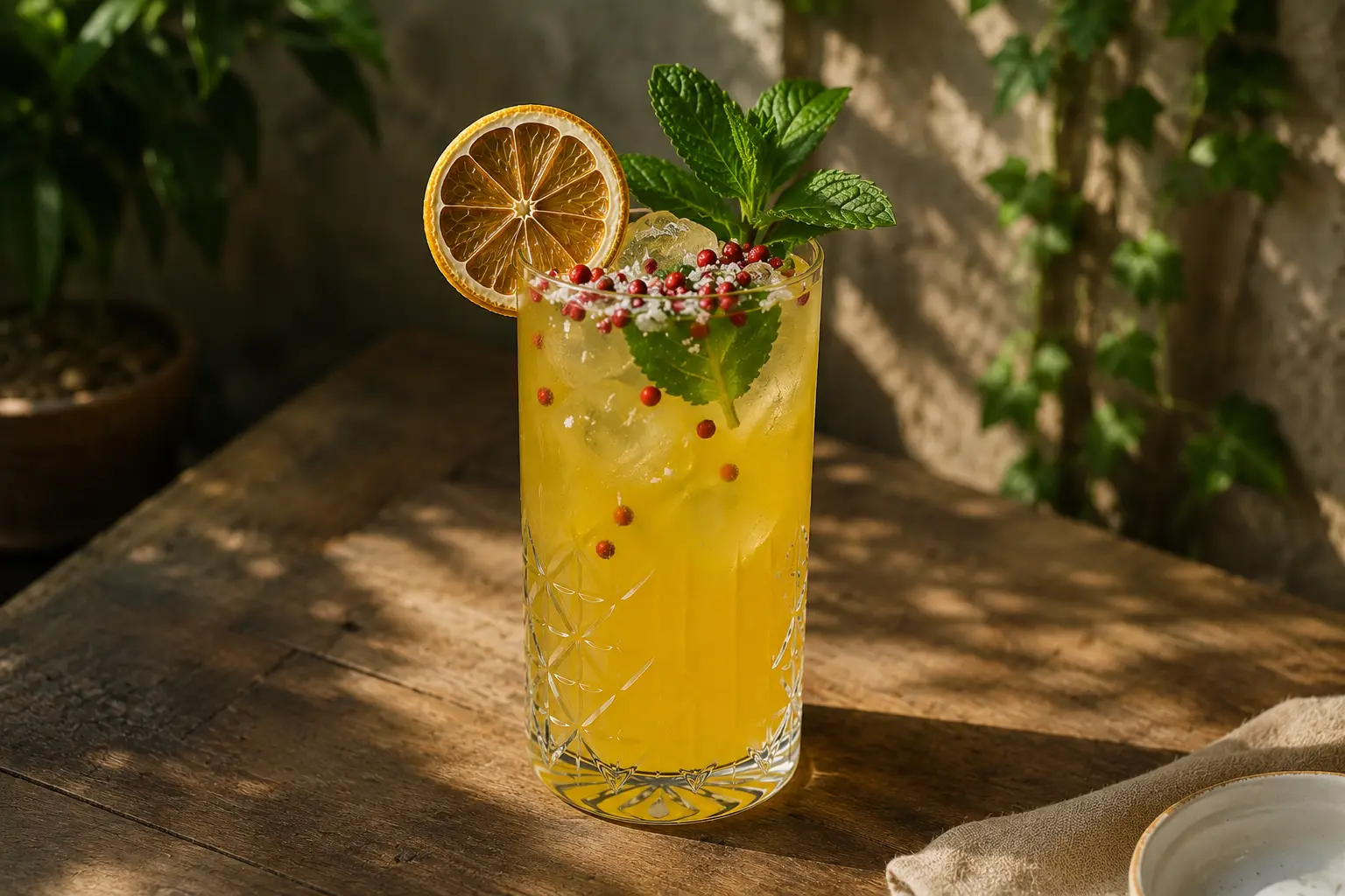 Cocktail décoré avec du citron vert déshydraté