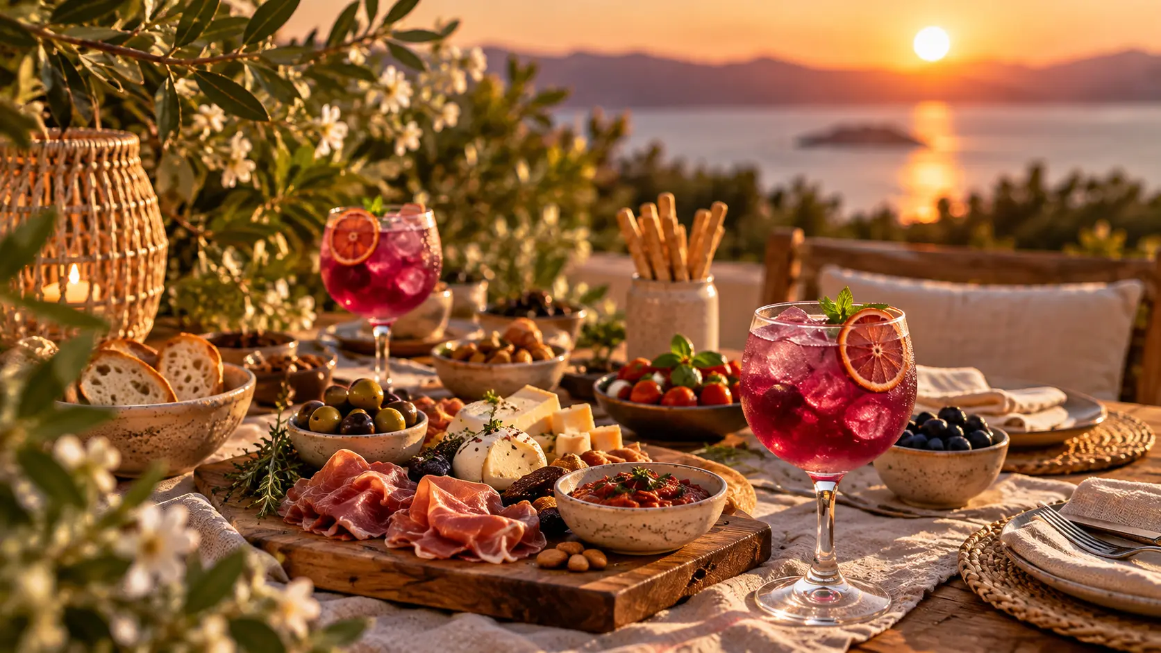 Table d'apéritif de fin d'été avec cocktails et bouchées à partager